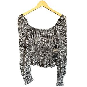 NWT HYFVE Leopard Print Puff Sleeve Smocked Ruffle Peplum Hem Blouse